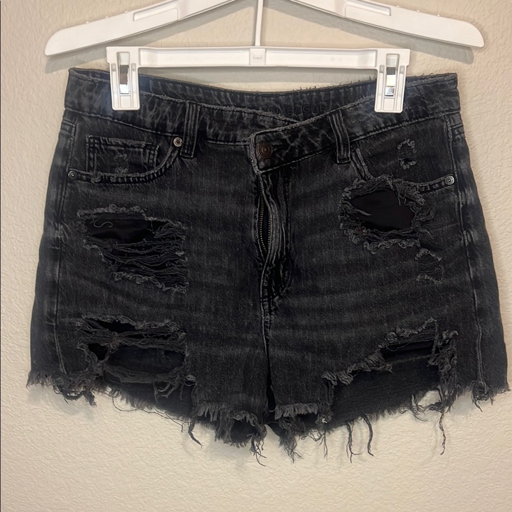 American Eagle Black Jean Shorts Distressed Raw Hem